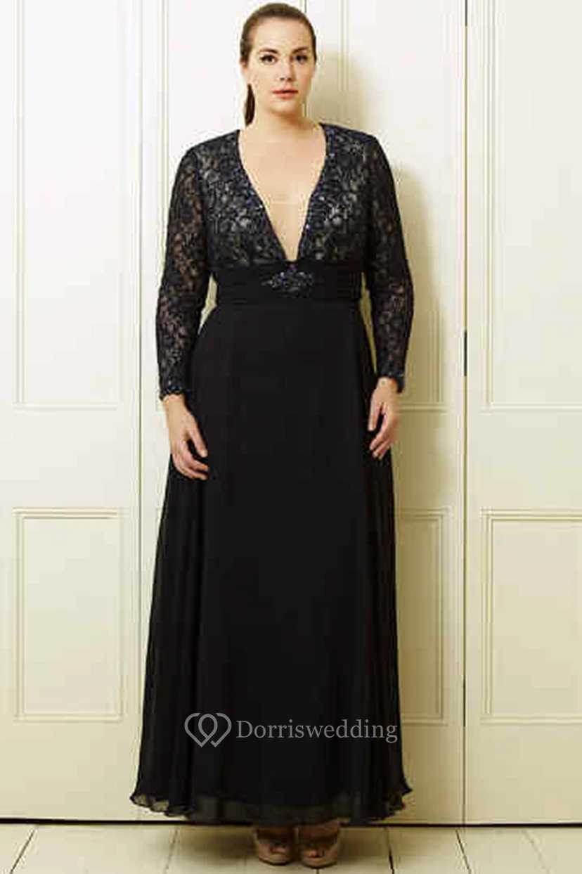 Vestido de fiesta de talla grande con corte en A, escote en V, manga larga, largo hasta los tobillos, de encaje y gasa.