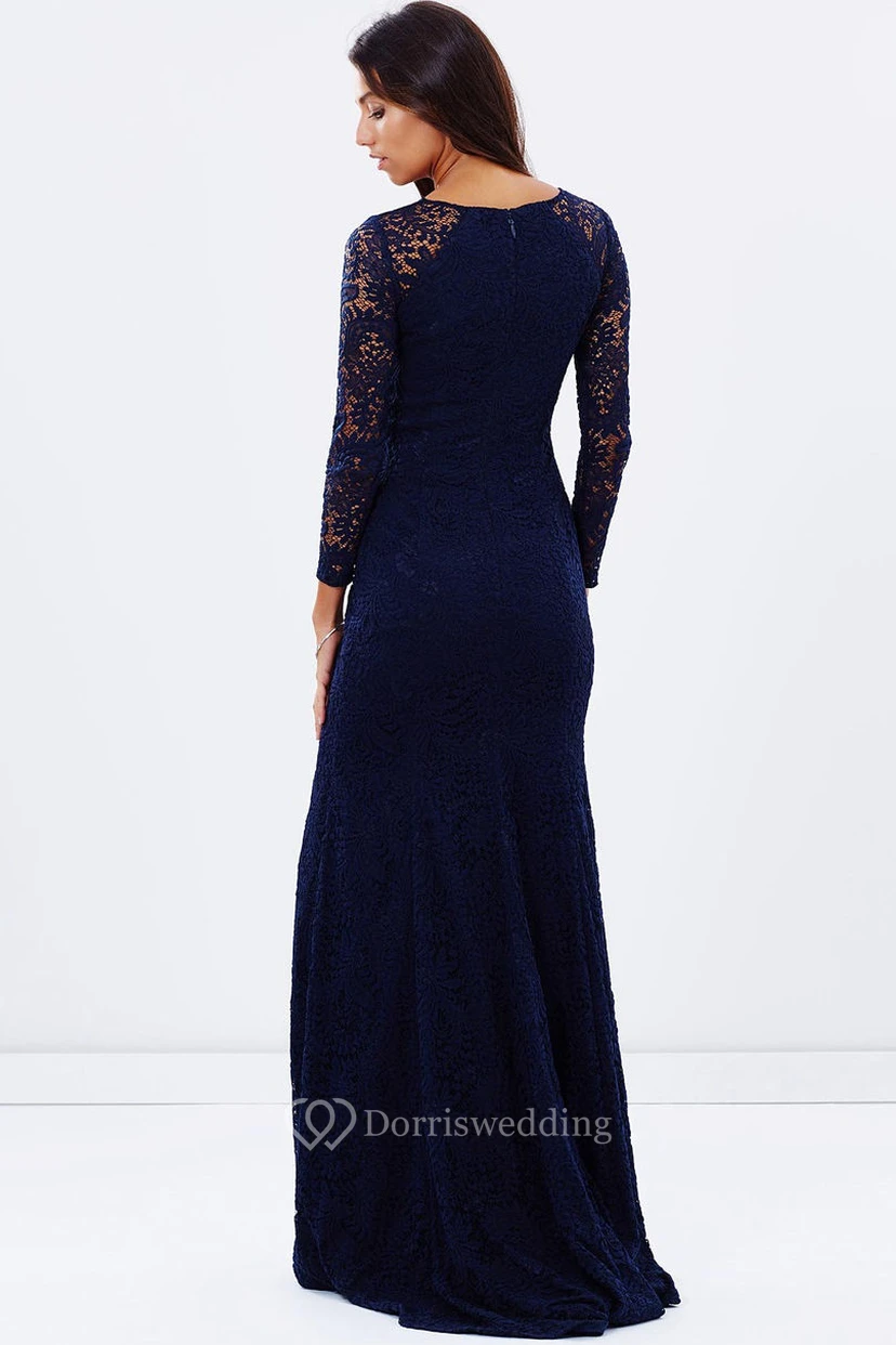 Split-Front Jewel Neck Long Sleeve Lace Blue Bridesmaid Dress view 2