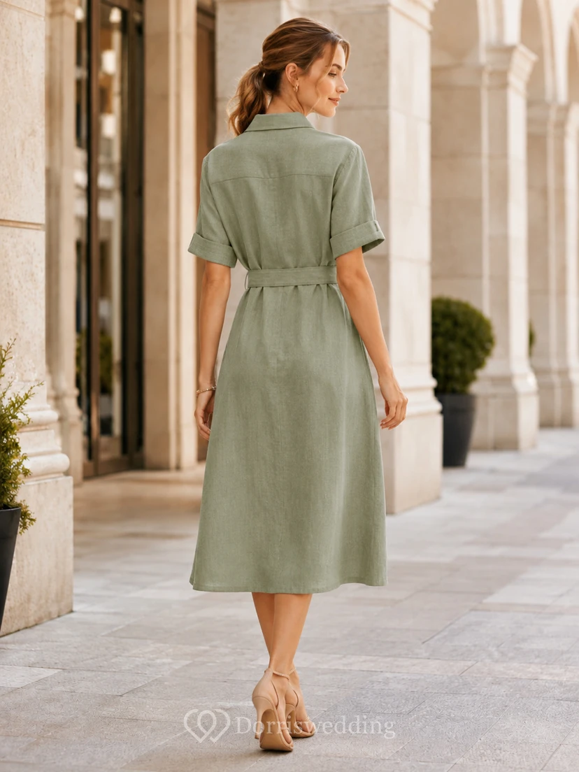 Celadonfarbenes, kurzärmeliges Vintage-Teehemdkleid aus Baumwolle mit Kragen, Gürtel und Knöpfen view 2