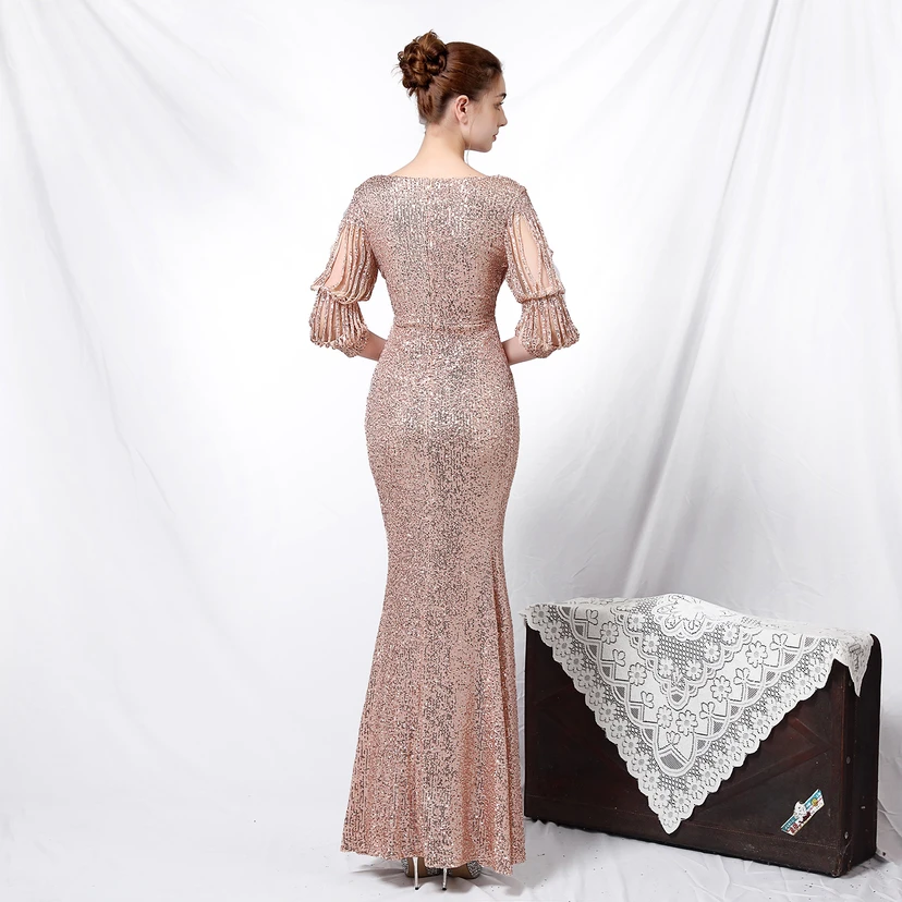 Elegantes, langärmeliges Paillettenkleid im Meerjungfrauenstil mit Meerjungfrauenschnitt – perfekt für festliche Anlässe. view 35