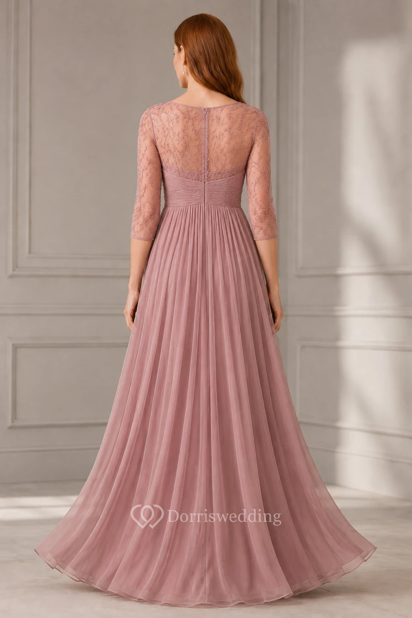 Abendkleid aus altrosafarbenem Chiffon und Spitze, A-Linie, Rundhalsausschnitt, lange Ärmel, bodenlang view 2