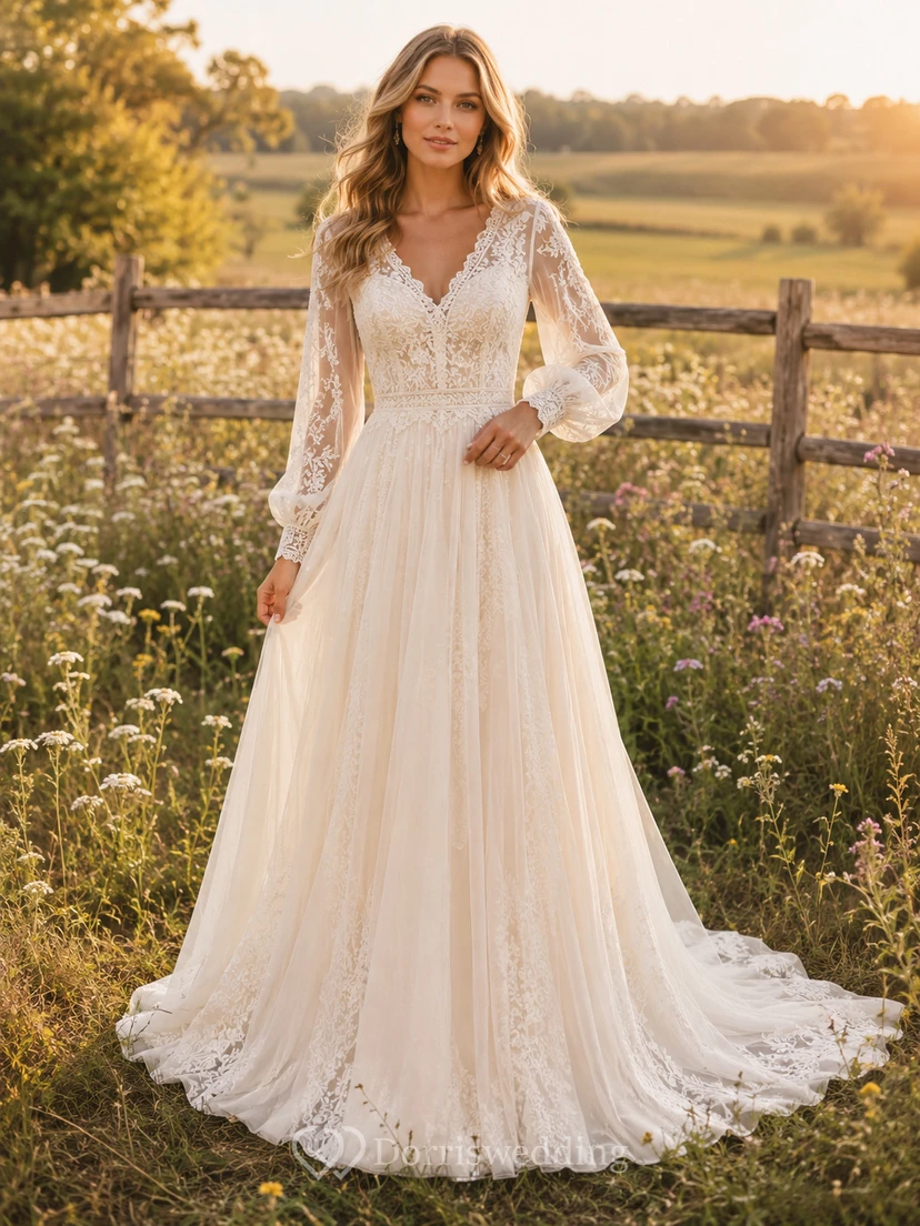 Country Lace Wedding Dress A-Line V-Neck Long Sleeve Chapel Train Bridal Gown