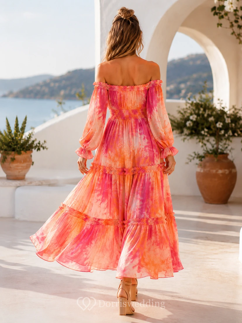 Vestido largo de playa con volantes y hombros descubiertos, estampado tie-dye color coral view 2