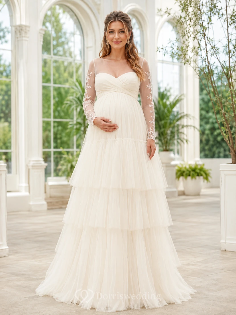 Vestido de novia de invierno de tul escalonado con mangas largas para embarazadas