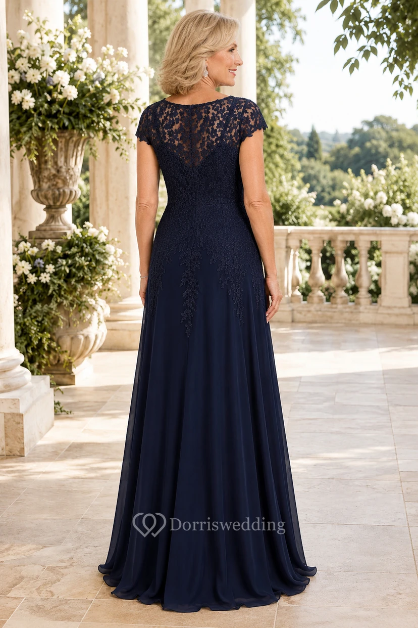 Dunkelblaues, schulterfreies A-Linien-Kleid aus Spitze mit kurzen Ärmeln view 2