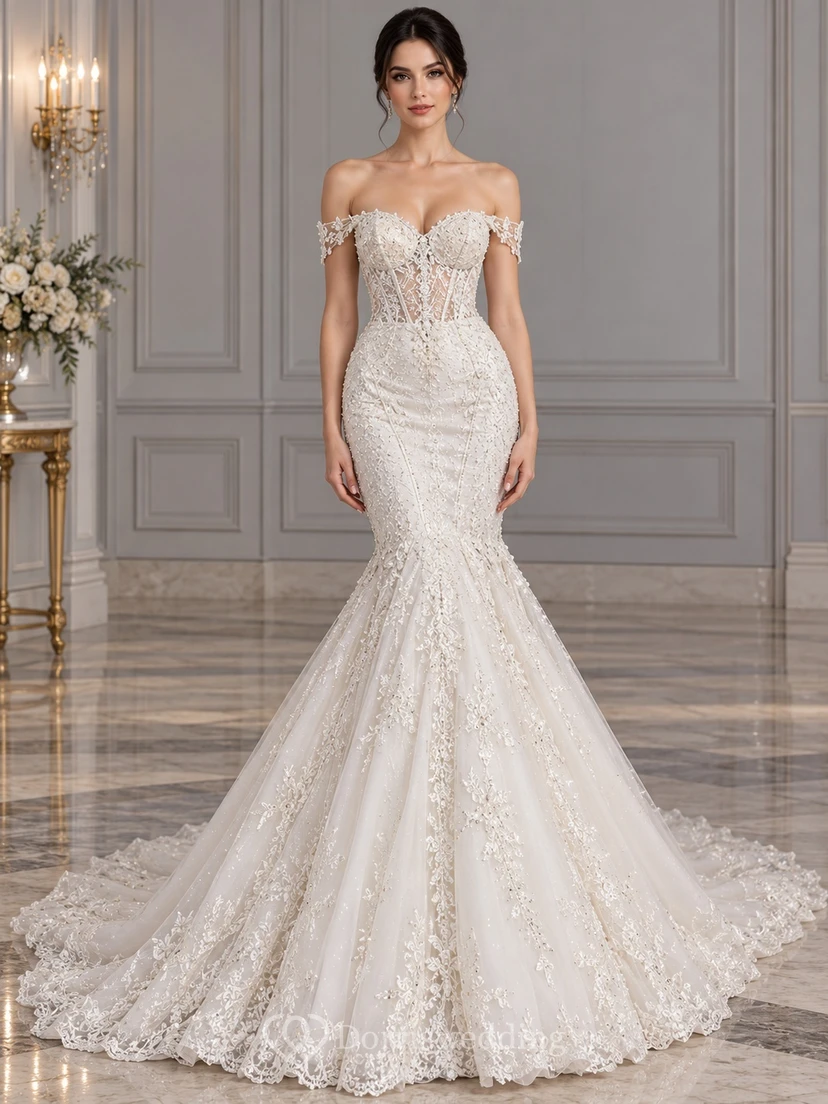 Mermaid Off Shoulder Sweetheart Beaded Lace Corset Train Wedding Dress