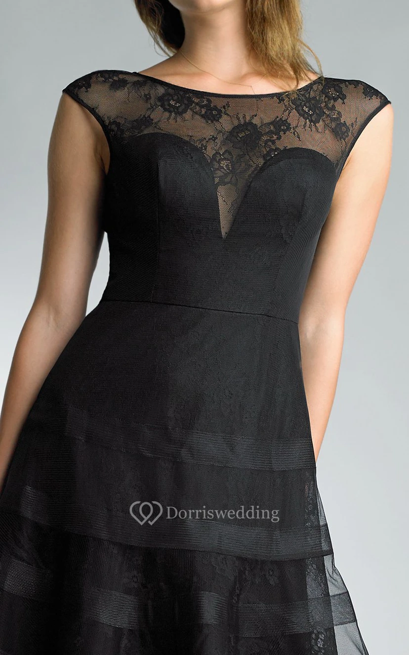 A-line Floor-length Jewel Short Sleeve Lace Low-V Back Dress view 3