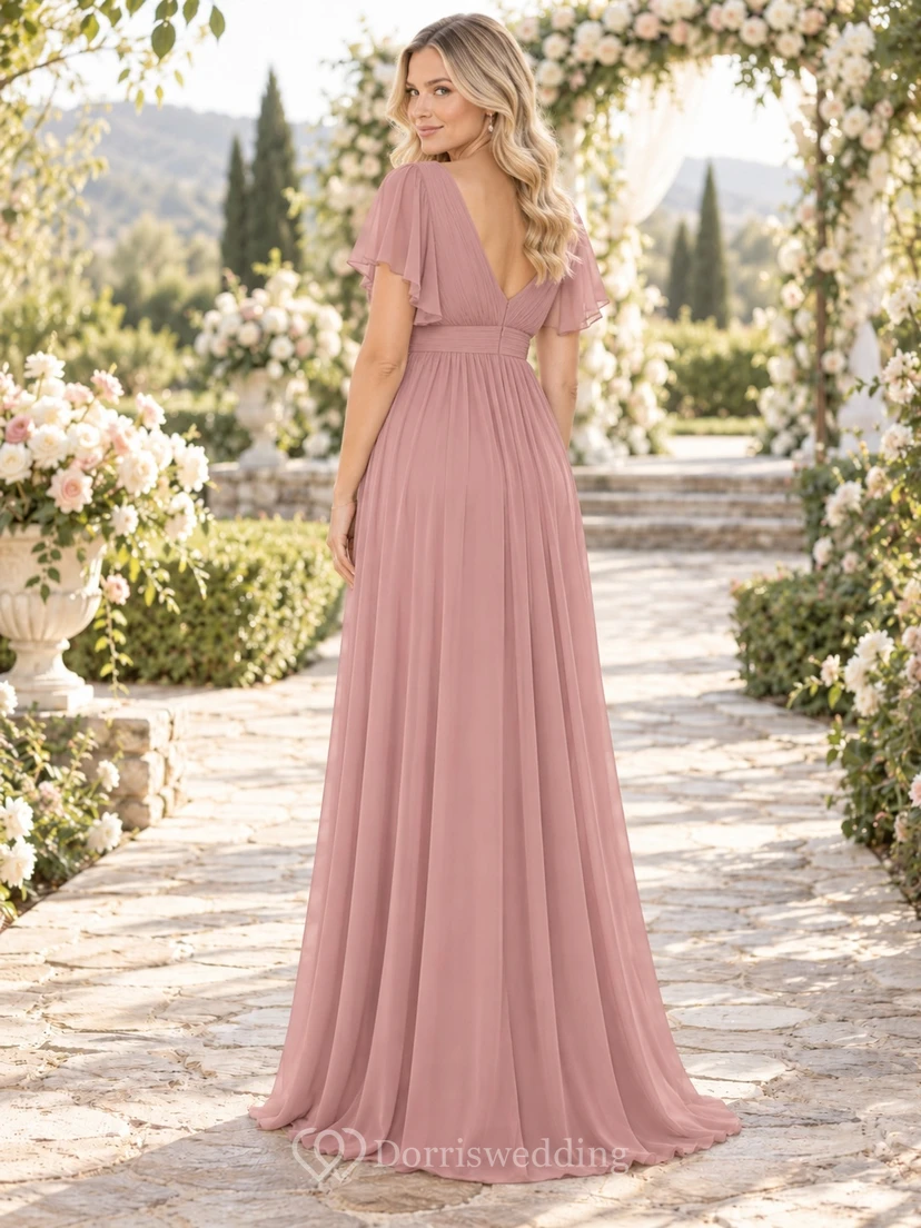 Vestido de fiesta sencillo de gasa color rosa empolvado con escote en V y mangas con volantes para embarazadas. view 2