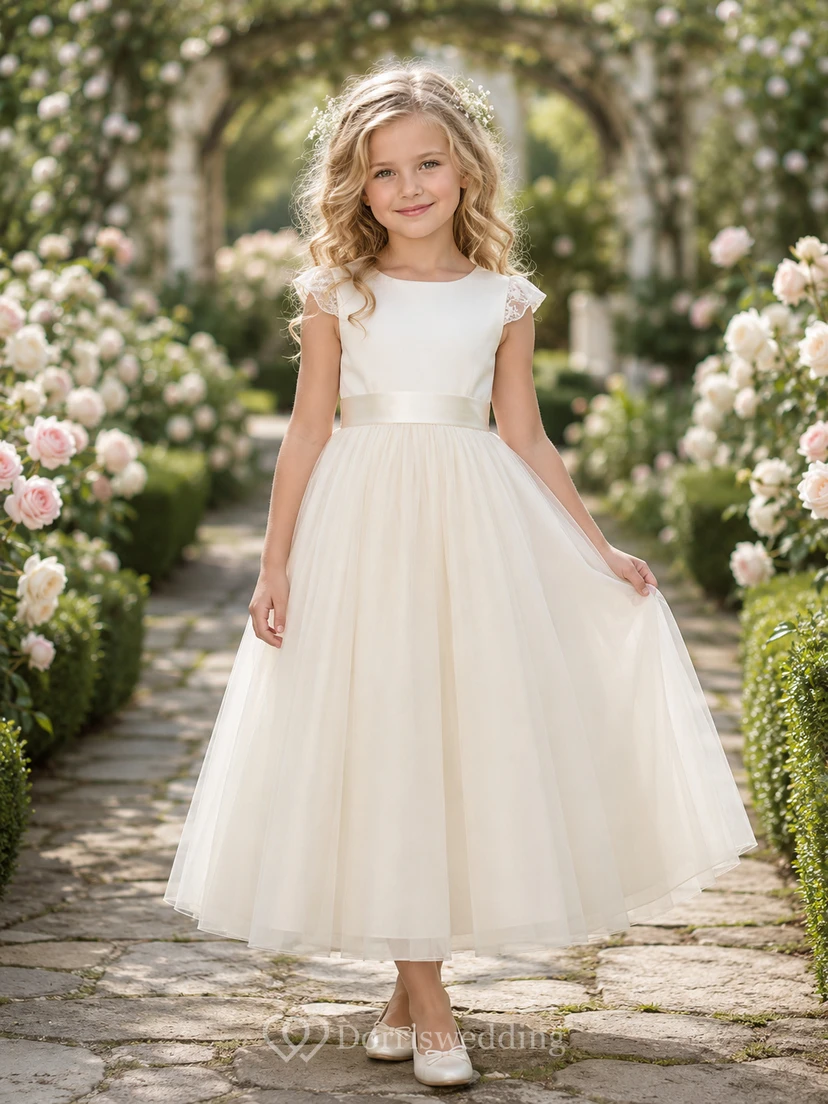 Blumenmädchenkleid aus elfenbeinfarbenem Tüllsatin, A-Linie, kurze Ärmel, Rundhalsausschnitt, Teelänge, Schleifendetail