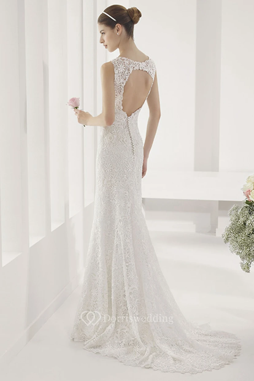 Allover Lace Illusion Neck Sheath Wedding Gown With Back Keyhole view 2