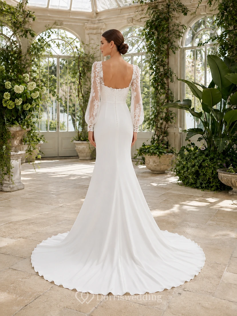 Robe de mariée sirène en satin poli et dentelle, col carré, manches longues, longueur au sol view 2