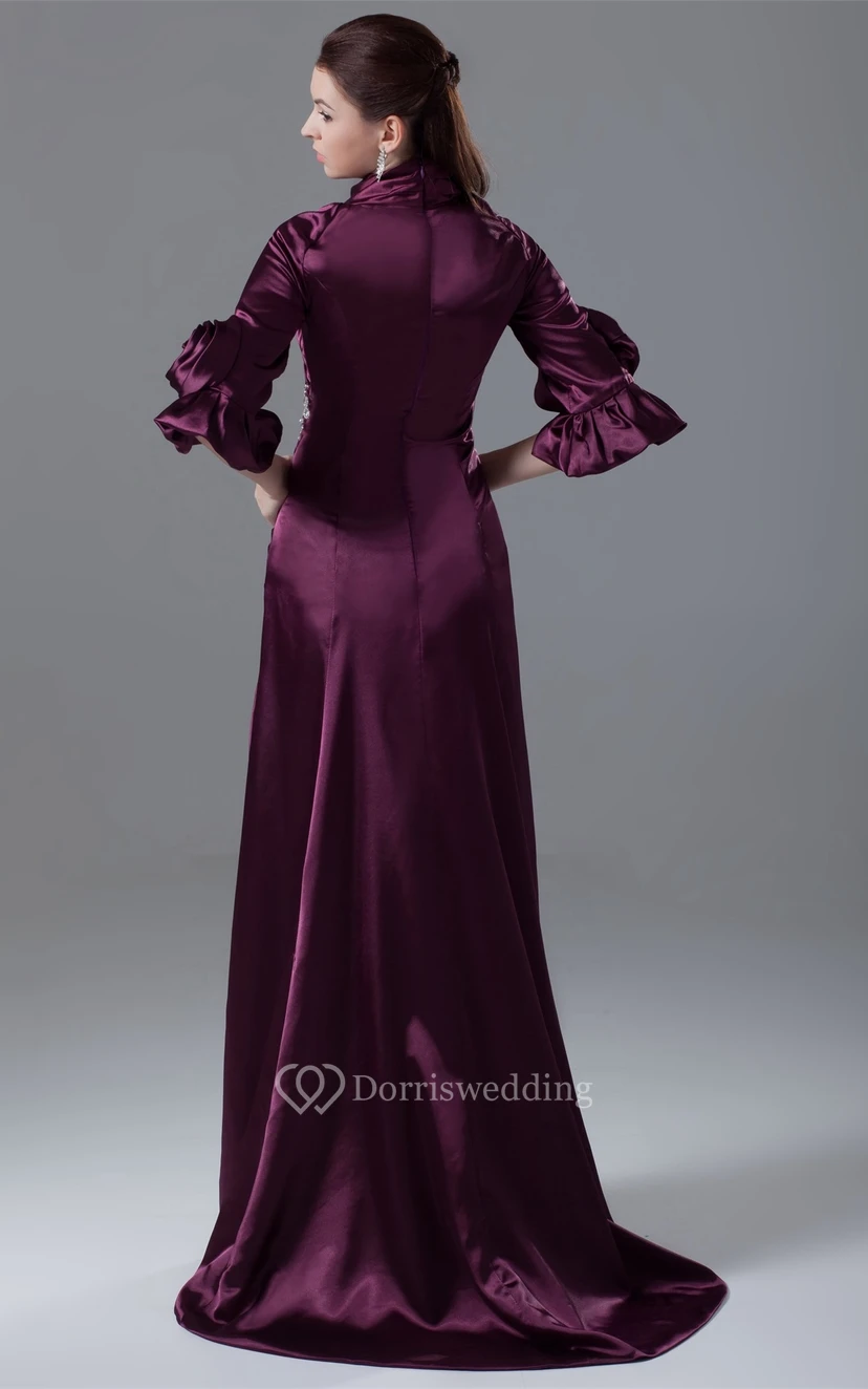 Exquisites, seitlich gerafftes, langärmeliges Kleid mit Perlenstickerei und Blumenmuster view 8