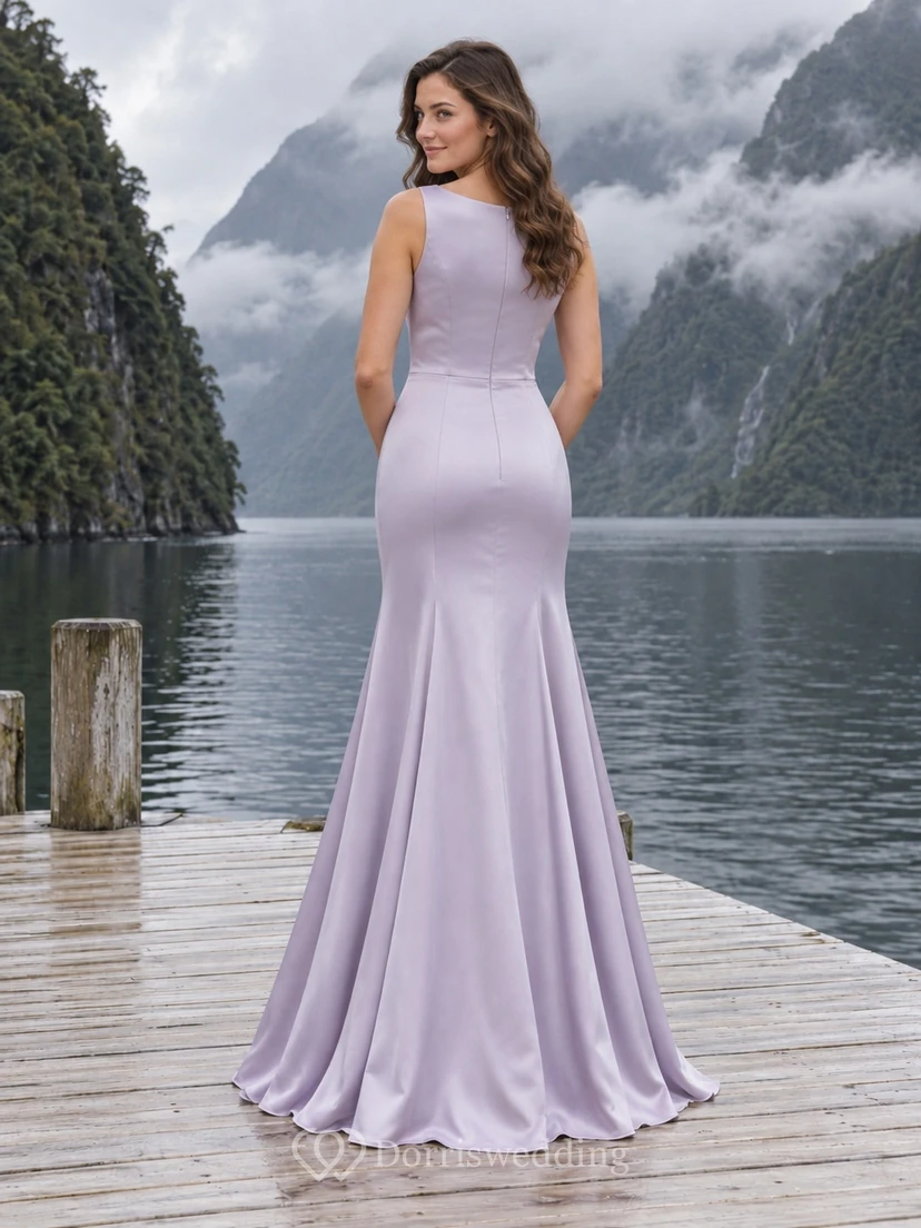 Schlichtes lavendelfarbenes, ärmelloses Brautkleid im Meerjungfrauenstil aus Satin mit U-Boot-Ausschnitt view 2