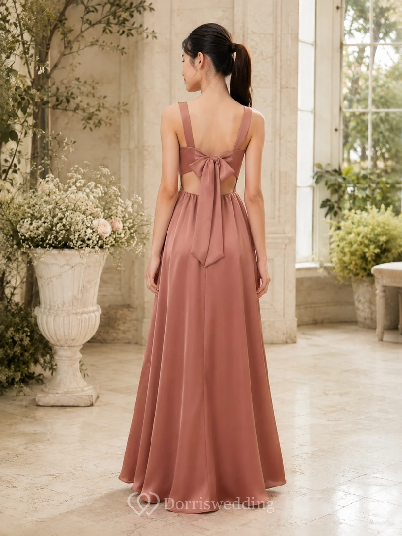 Elegantes, ärmelloses Brautjungfernkleid in Altrosa mit A-Linien-Schnitt und Satinschleife. view 2