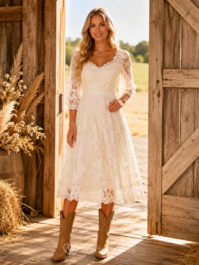 Robe de mariée midi ivoire à col en V et manches longues en dentelle style grange