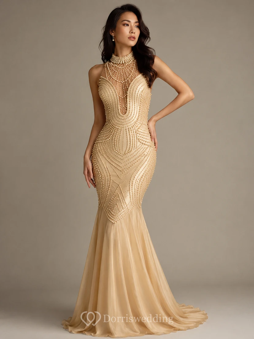Beautiful Sleeveless Pearls Mermaid Prom Dresses Floor Length view 6