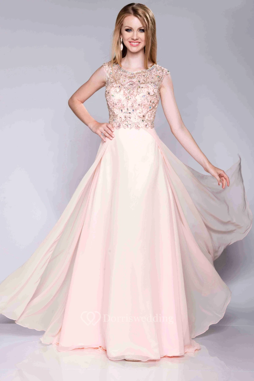 Chiffon-Abendkleid in A-Linie mit kurzen Ärmeln, U-Boot-Ausschnitt und Schlüssellochausschnitt am Rücken