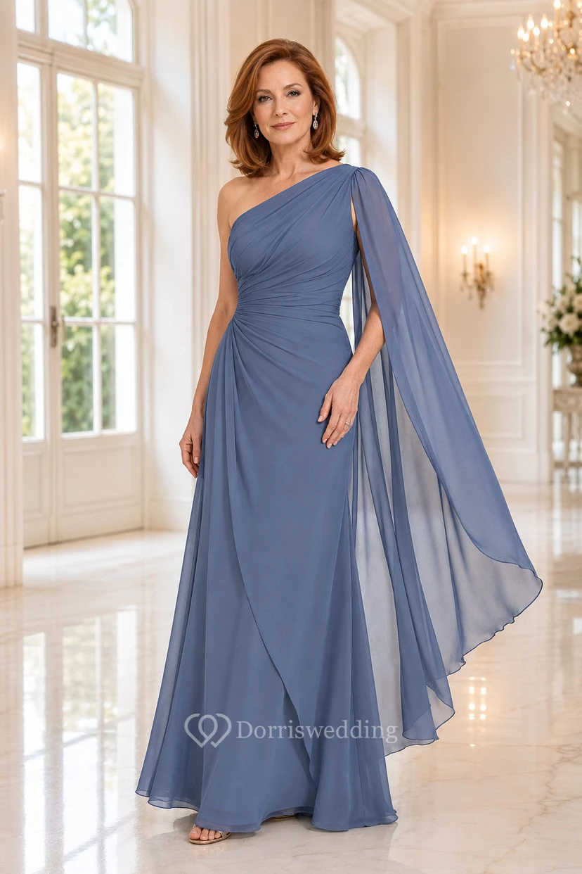 Stahlblaues, schulterfreies Chiffon-Kleid in A-Linie mit Cape-Ärmeln