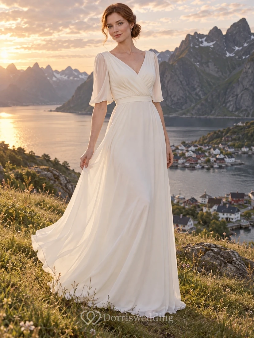 Sencillo vestido de novia de corte A en georgette con escote en V, corpiño cruzado y mangas acampanadas hasta el codo.