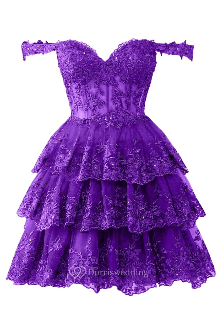 Blue Off-the-Shoulder Short Dress with Lace view 43