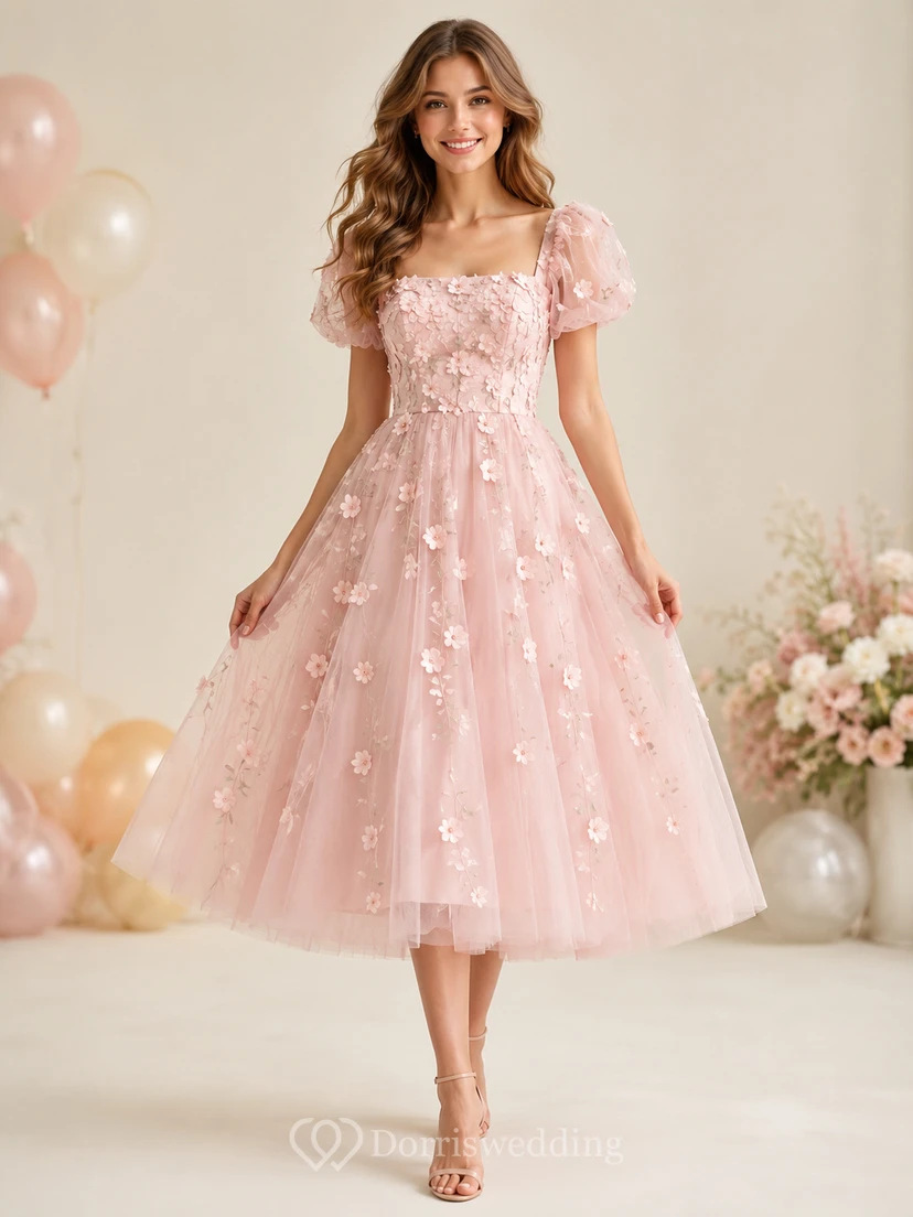 Vestido de fiesta de cumpleaños largo hasta la rodilla de tul con estampado floral rosa