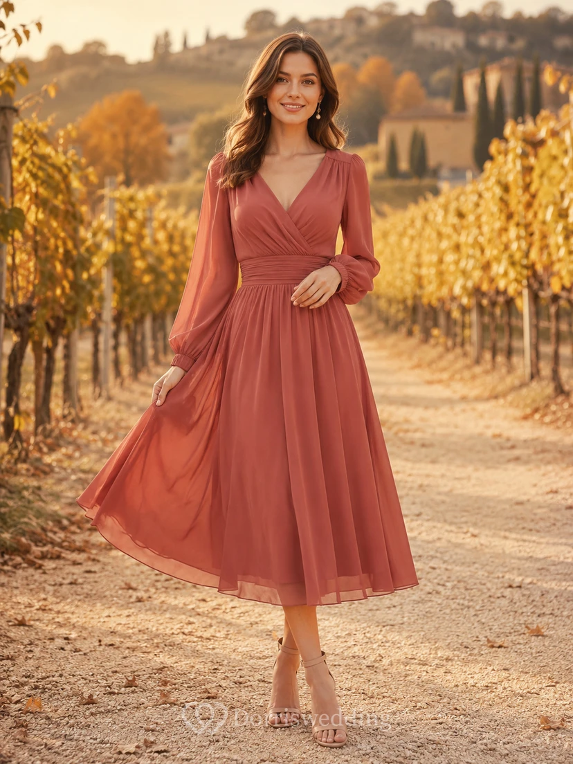 Vestido midi de gasa color rosa empolvado con cuello en V y manga larga para invitada.