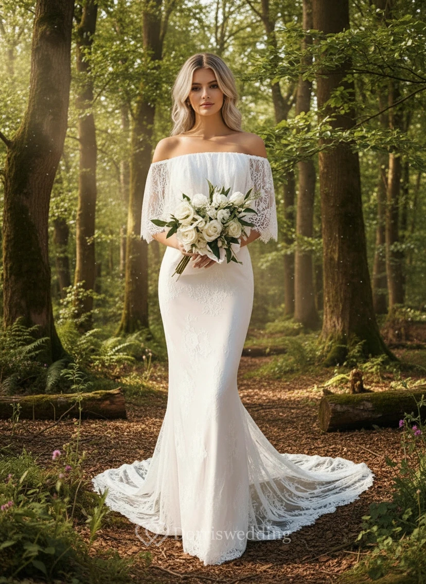 Robe de mariée sirène en dentelle à épaules dénudées, avec longue traîne et manches papillon view 2