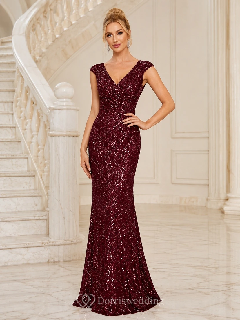 Burgundy V-Neck Short-Sleeve Sequined Mermaid Sweep-Train Formal Gown
