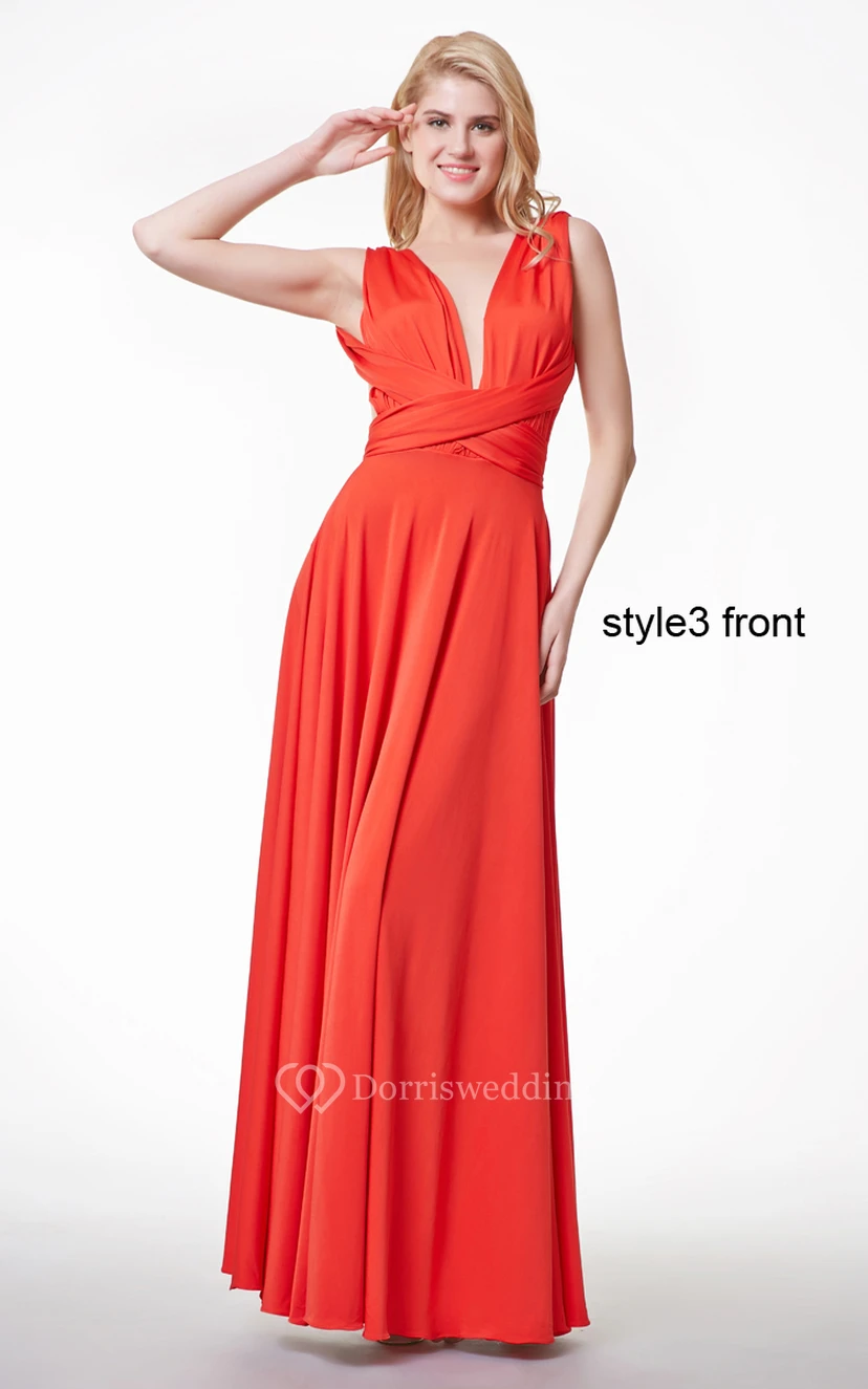 Deep V Neck Ruched Long Jersey Dress With Changeable Criss Cross Straps view 5
