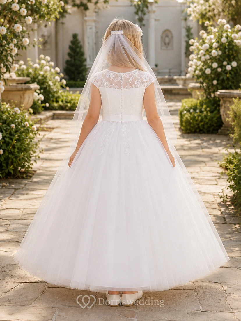 Blumenmädchenkleid aus Tüll mit floraler Spitze, kurzen Ärmeln und Knöchellänge, perfekt für Kommunion und Garten view 2
