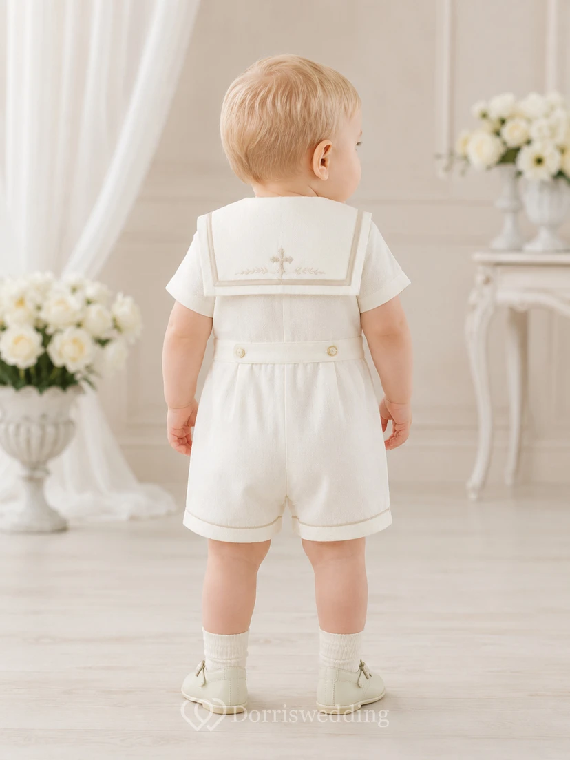 Vintage elfenbeinfarbener Kurzarm-Baby-Jungen-Tauf-Strampler mit Matrosenkragen, geeignet für Jungen, view 2