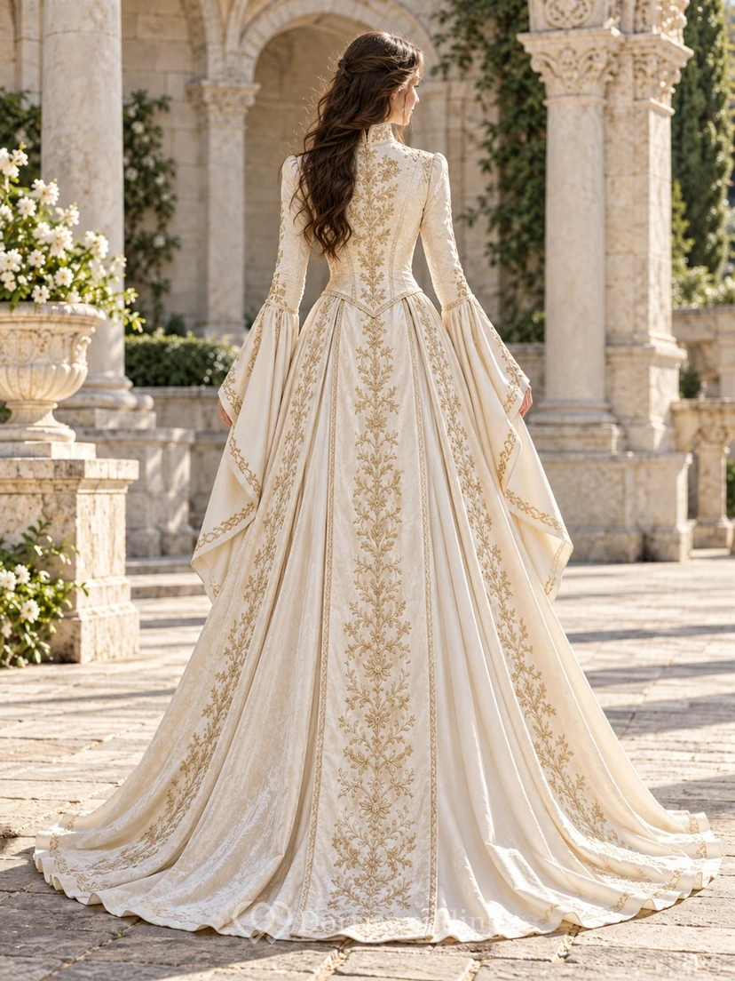 Vintage Medieval High Neck Long Sleeve Embroidered Satin Wedding Dress view 2