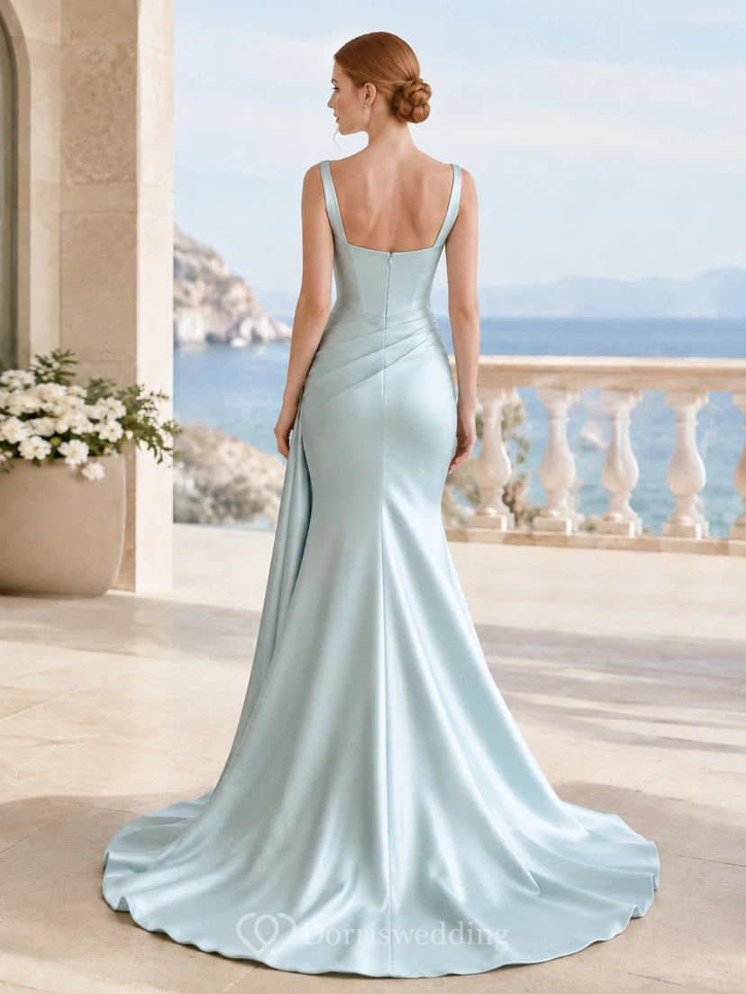 Robe de mariée sirène froncée à col carré en satin vert d'eau et traîne balayée view 2