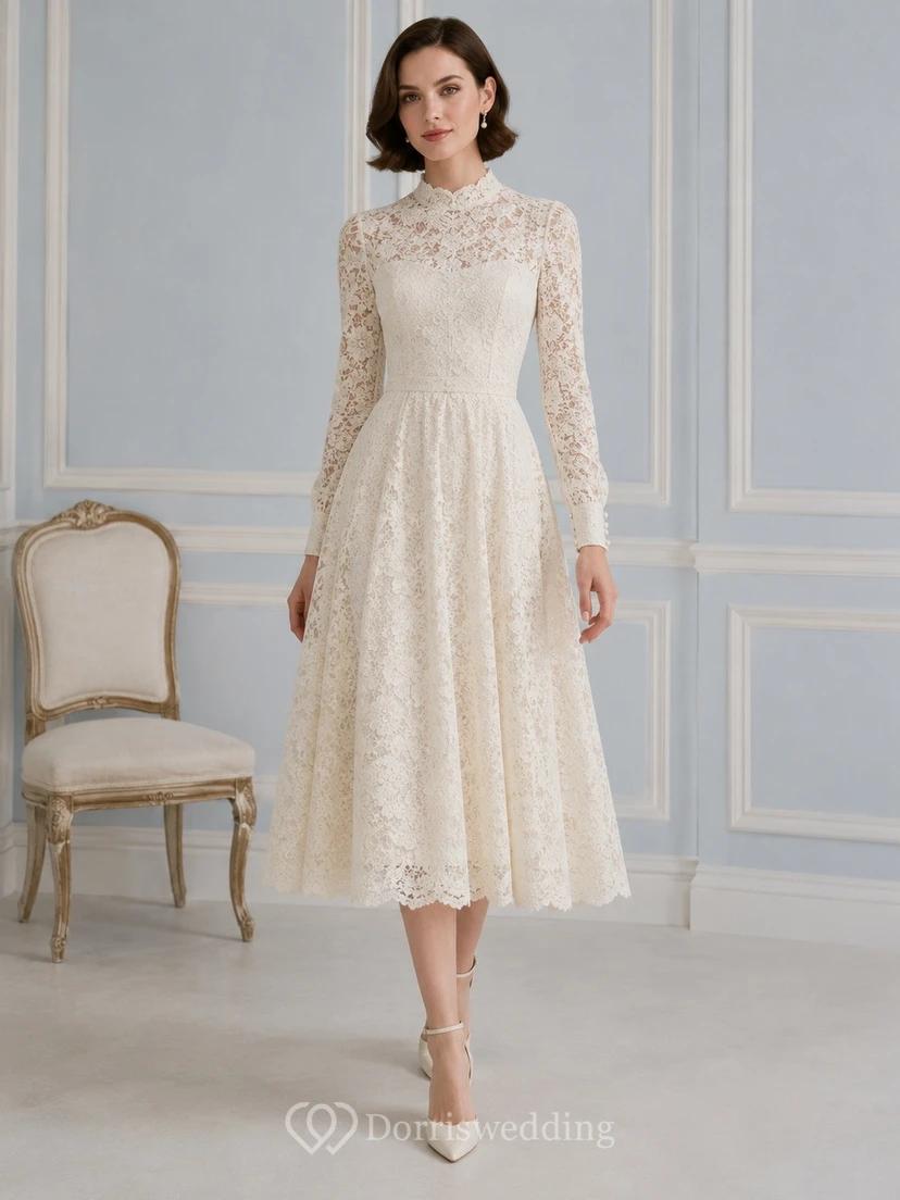Romantic Lace High Neck Long Sleeve Tea Length Wedding Dress
