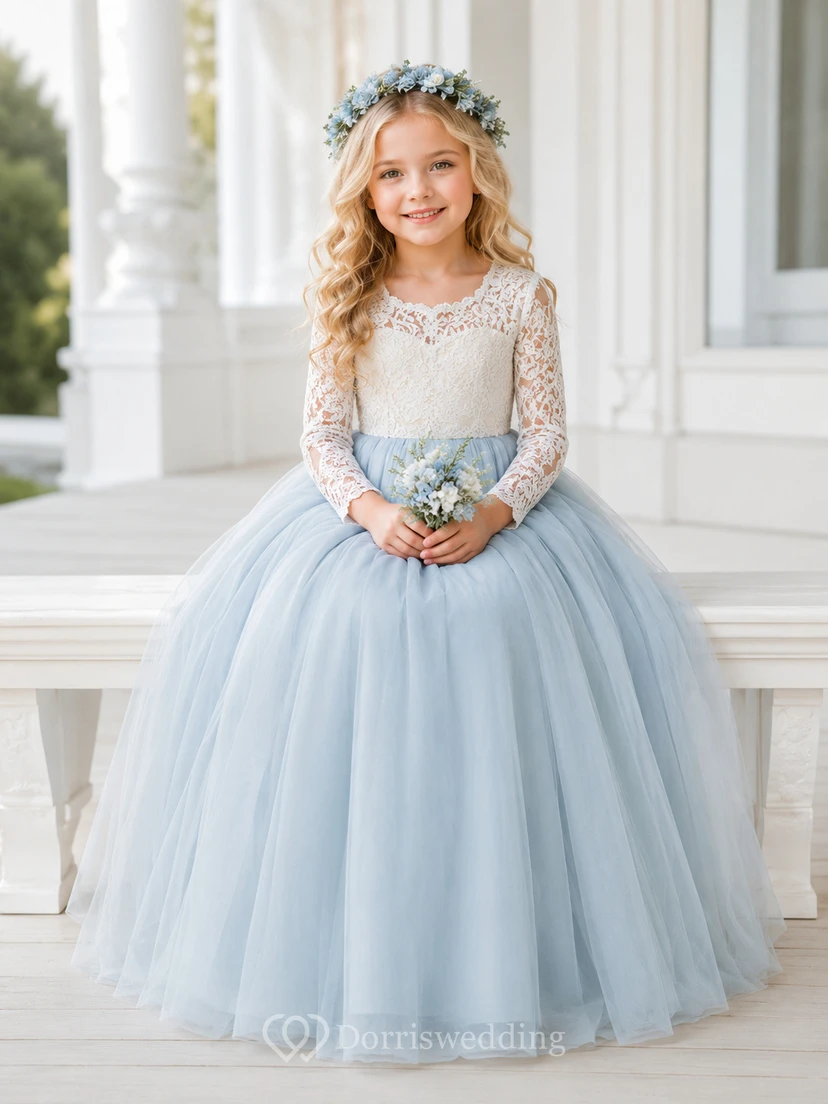 Robe de demoiselle d'honneur bleu acier en dentelle et tulle, robe de bal longue à manches longues, col rond et ceinture.