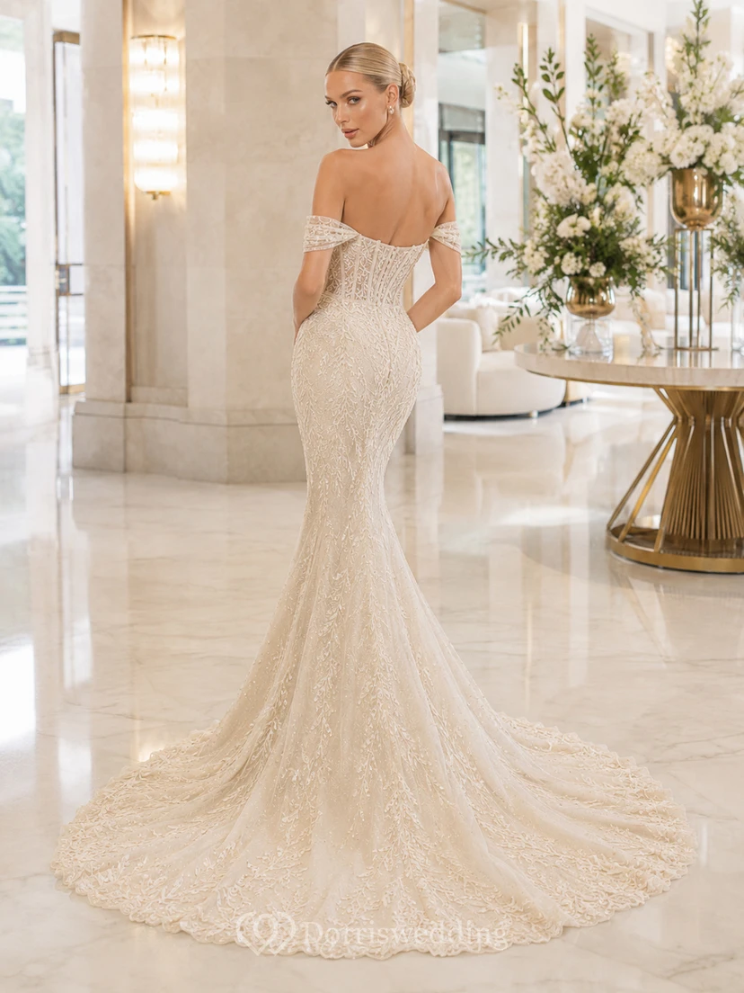 Robe de mariée sirène en dentelle florale à épaules dénudées et manches courtes view 2