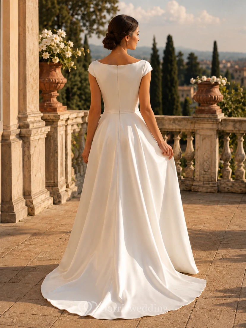 Ballkleid im europäischen Stil mit U-Boot-Ausschnitt, Satin, Balkonkleid für eine heimliche Hochzeit view 2