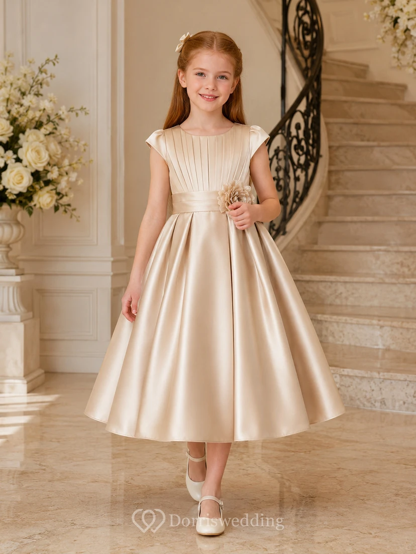 Robe de demoiselle d'honneur champêtre en satin champagne, manches courtes plissées, longueur thé, coupe trapèze, avec nœud.