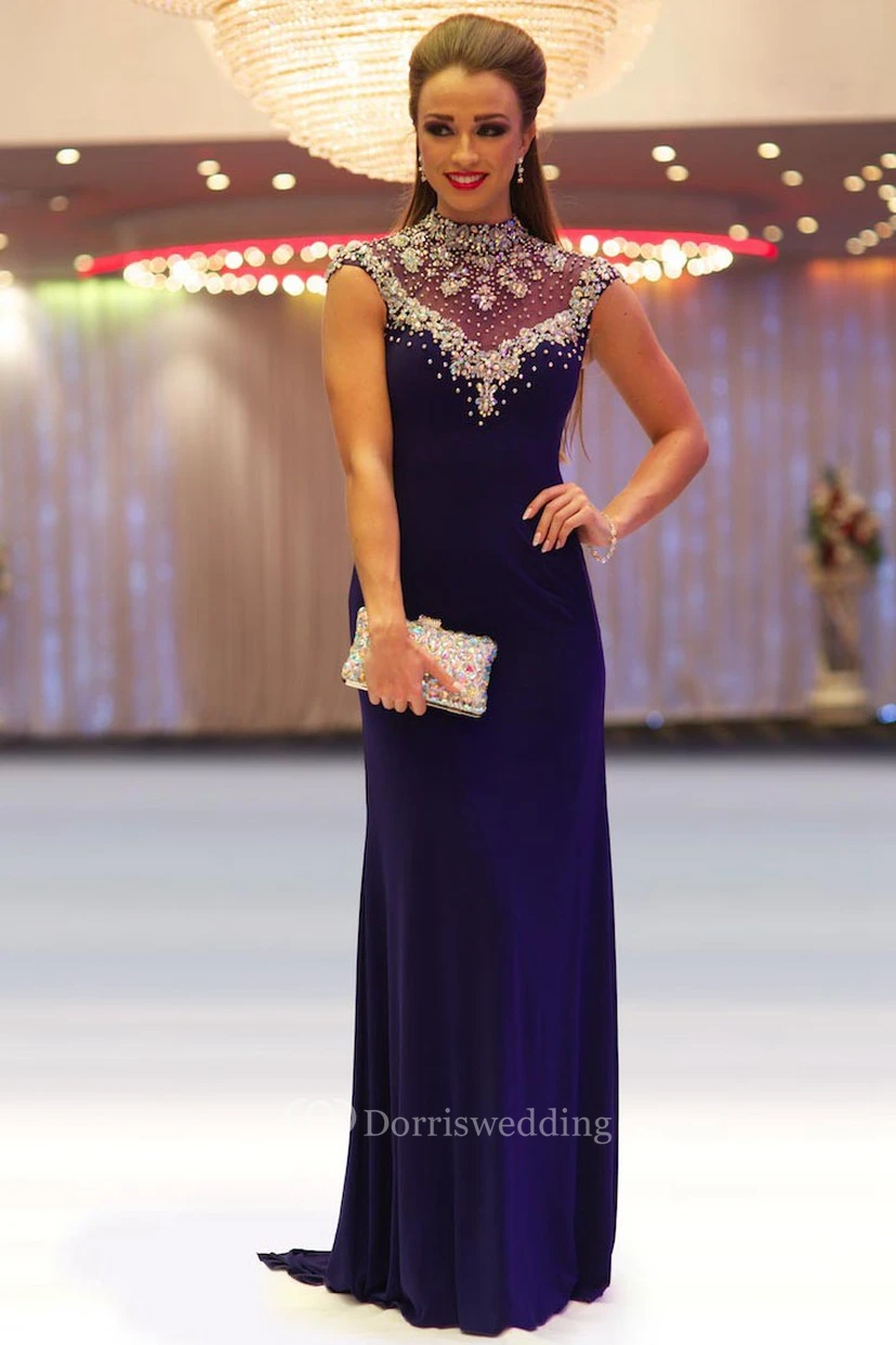 Sheath Beaded Floor-Length High-Neck Cap-Sleeve Jersey Prom Dress