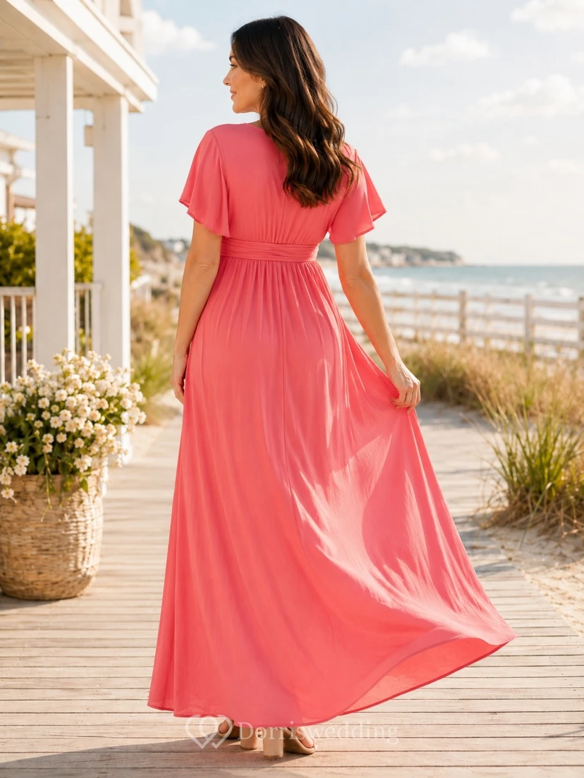 Coral V-Neck T-Shirt Sleeve Empire Maternity Chiffon Maxi Dress view 2
