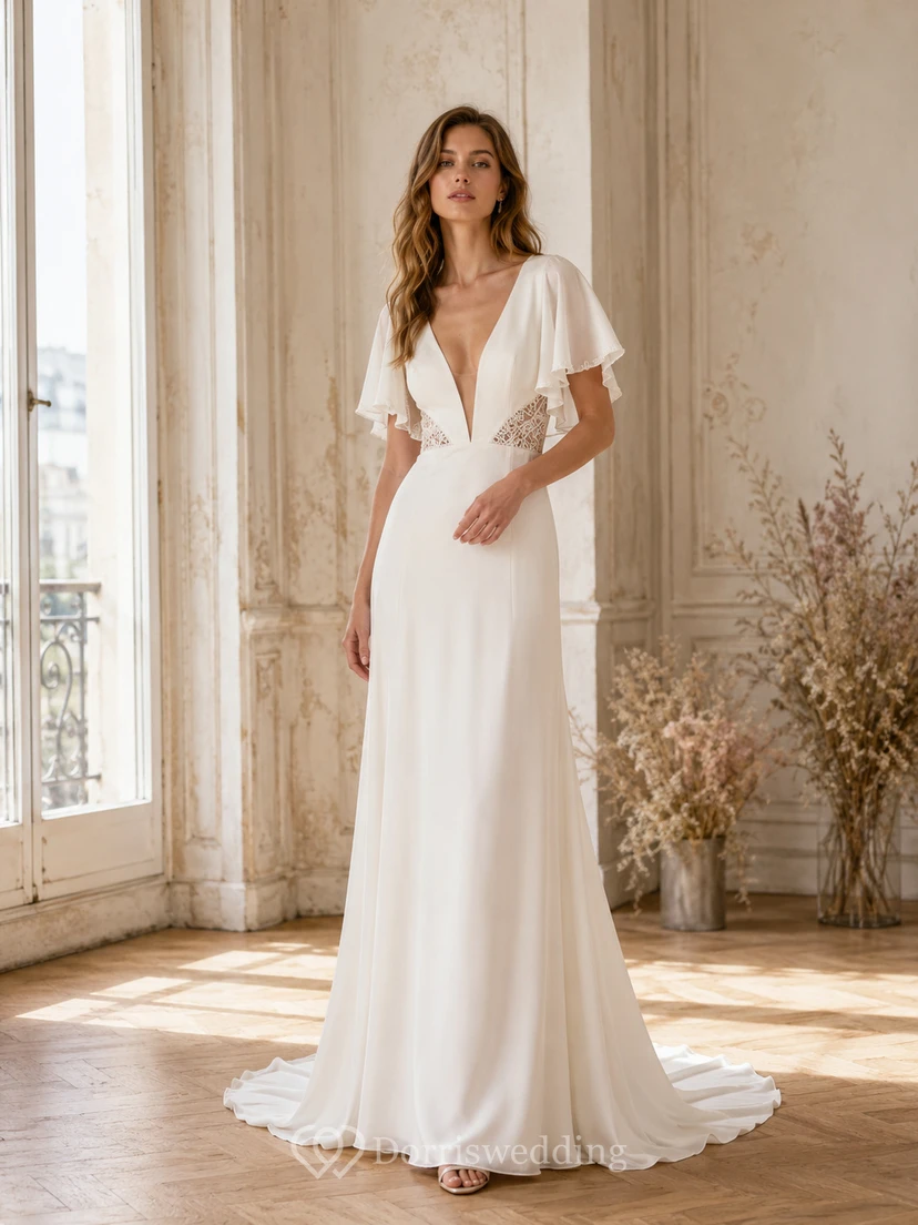 Robe de mariée minimaliste en mousseline classique, décolleté en V profond, manches papillon, coupe fourreau et traîne, idéale pour un mariage au bord d'un lac.