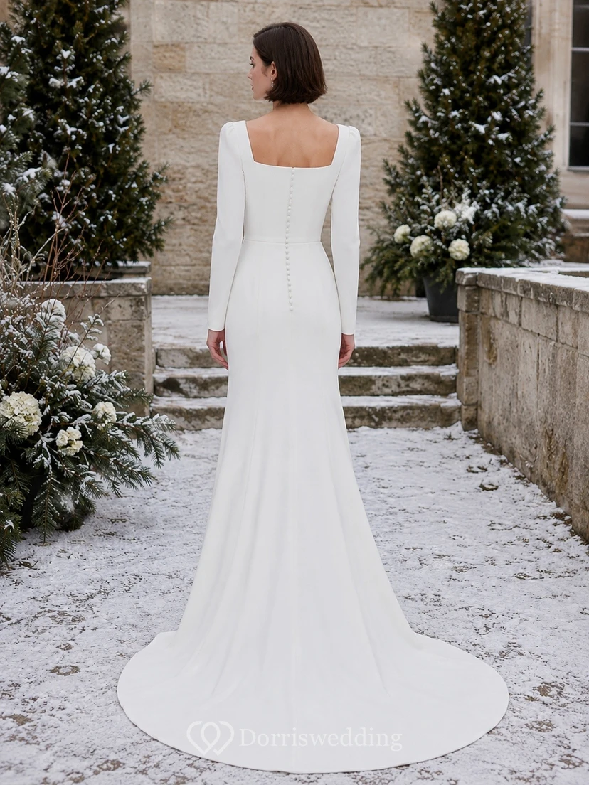 Vestido de novia de invierno sencillo de satén con escote cuadrado, manga larga y cola de sirena. view 2