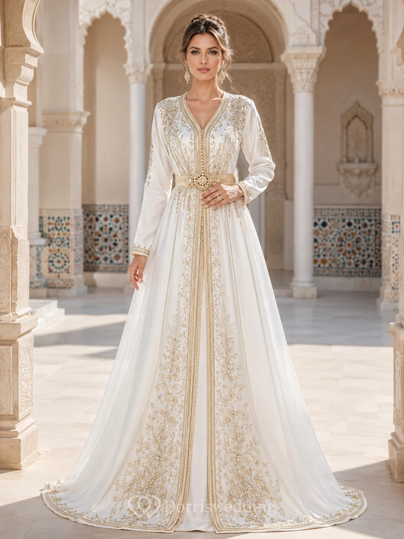 Robe de mariée orientale de luxe, coupe A, manches longues, col en V, broderies dorées