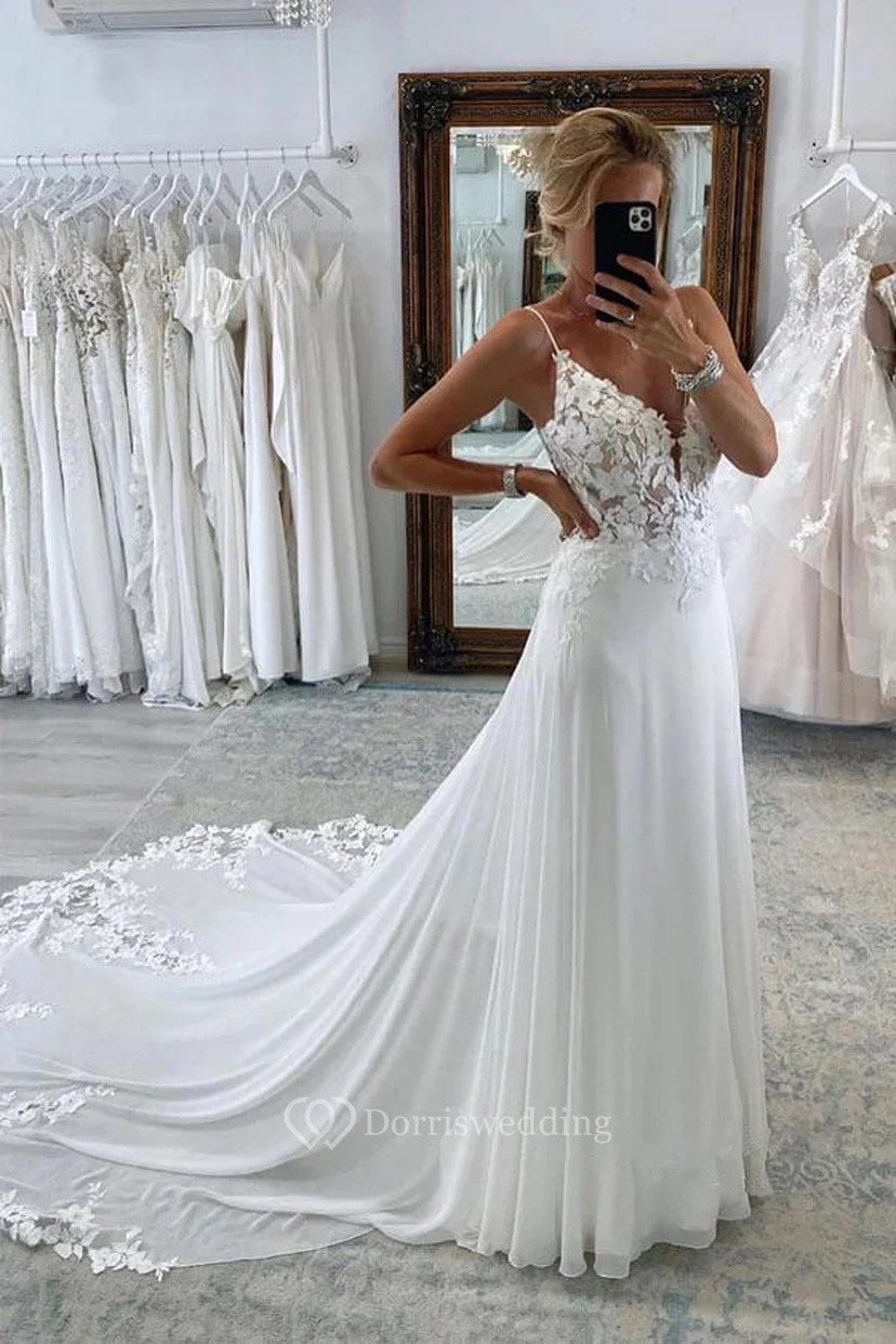 Spaghetti Chiffon Empire Wedding Dress with Lace Top