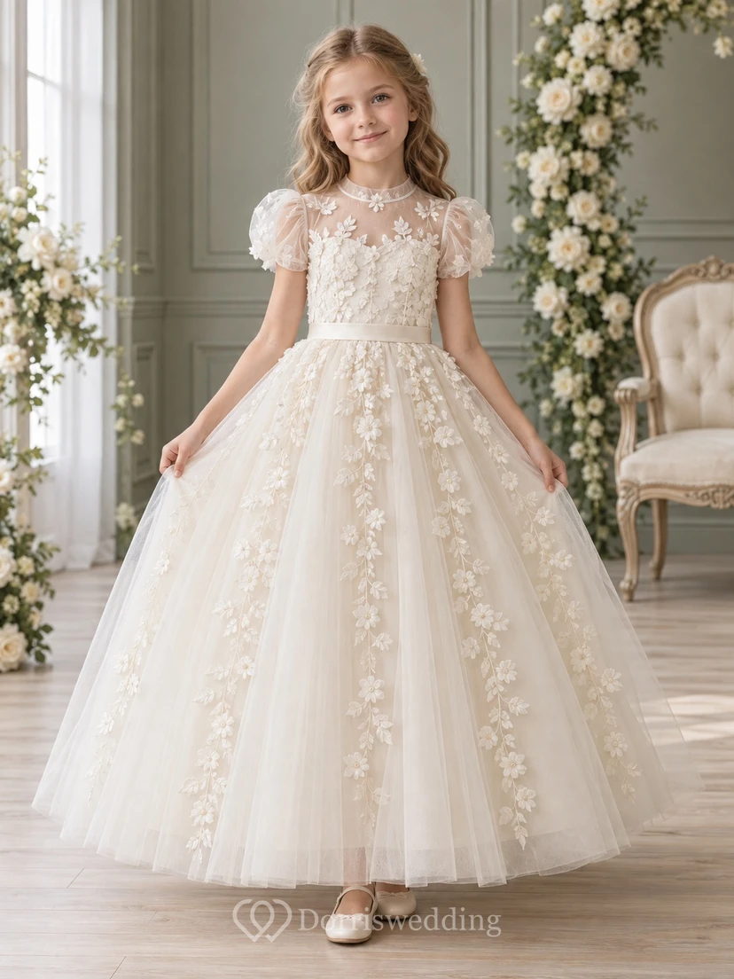Ivory Ball-gown Lace Tulle Floor-length Puff-sleeve Illusion Appliqued Flower Girl Dress