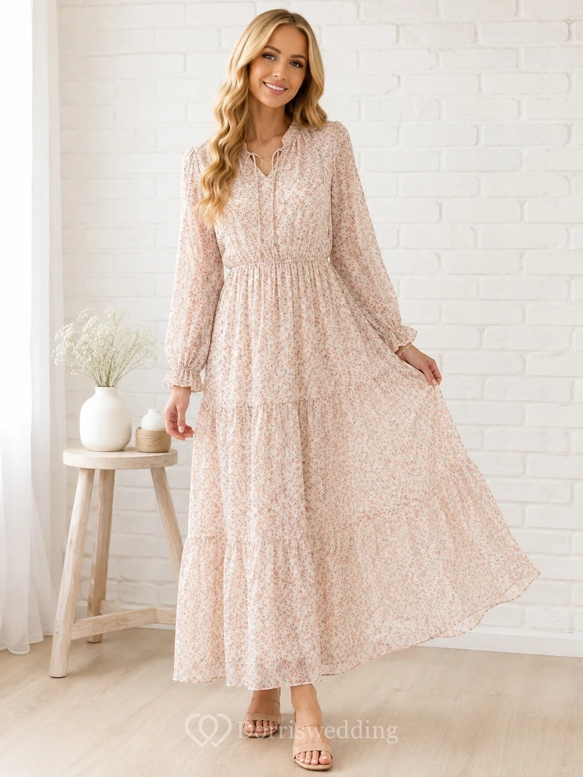 Vintage-Kleid mit langen Ärmeln, schlichtem, lässigem Spitzenrock und Stufenrock in Knöchellänge