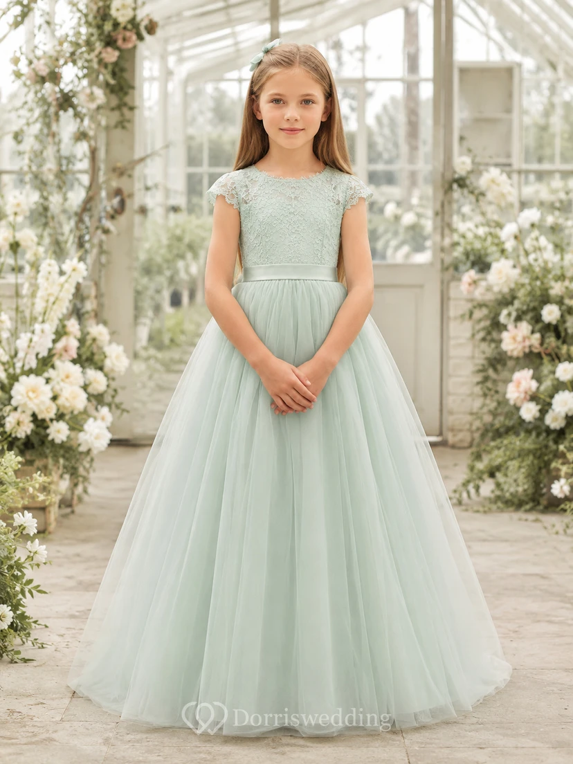 Robe de demoiselle d'honneur vert menthe en dentelle et tulle, coupe trapèze, col rond, longueur au sol