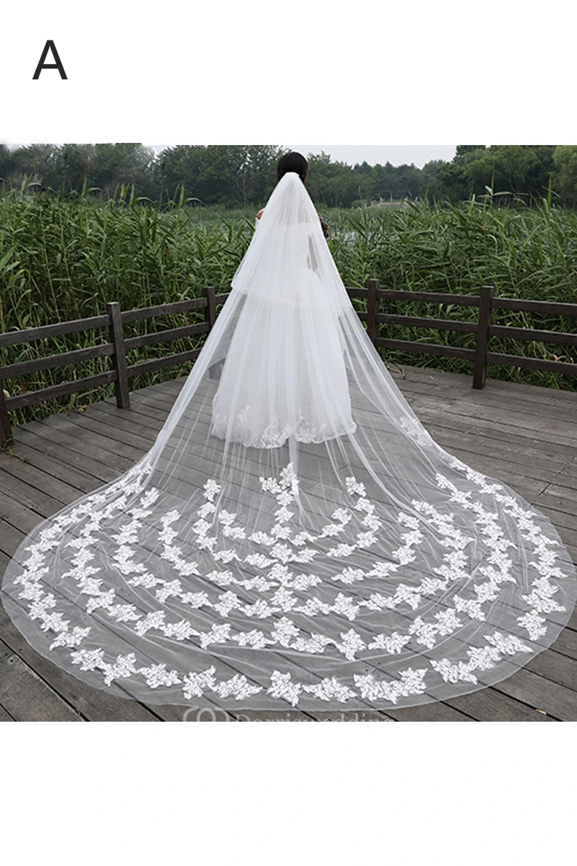 New Korean Ethereal Extra Long Tailed Wedding Veil with Lace Appliques