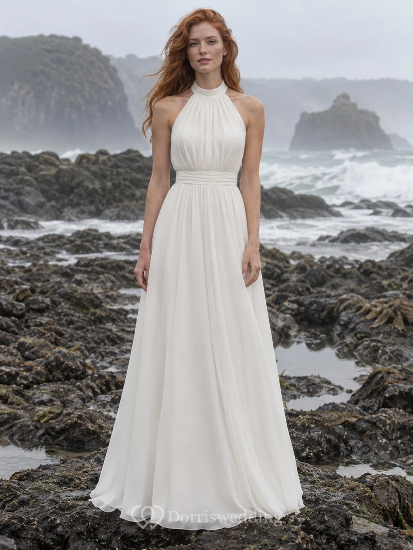 Sencillo vestido de novia de gasa con cuello alto tipo halter, corpiño fruncido y cintura rizada.