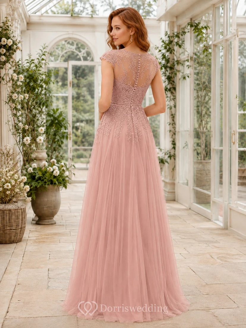 Pearl Pink Short Sleeve Lace A Line Romantic Evening Dress view 2